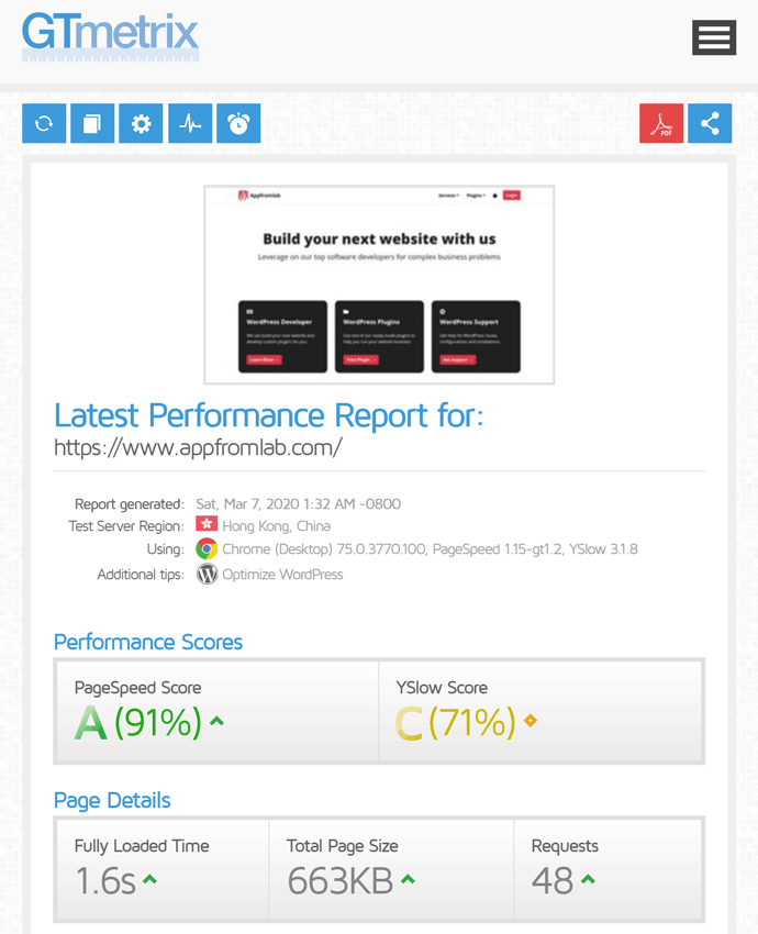 Screenshot of GTMetrix Results