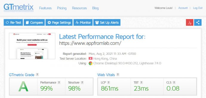 GTMetrix Page Speed Result