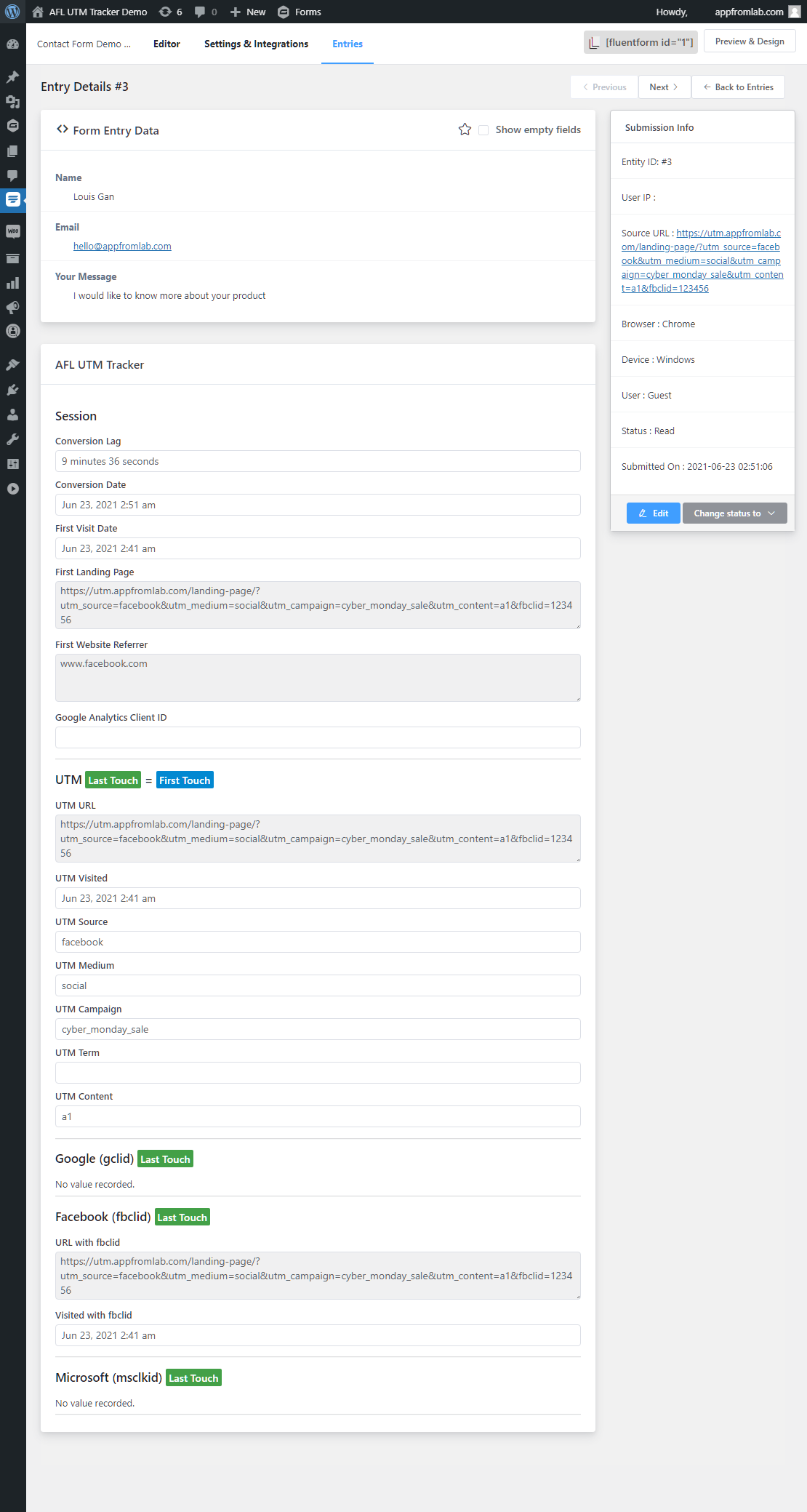 Fluent Forms Conversion Attribution Report for a single Entry