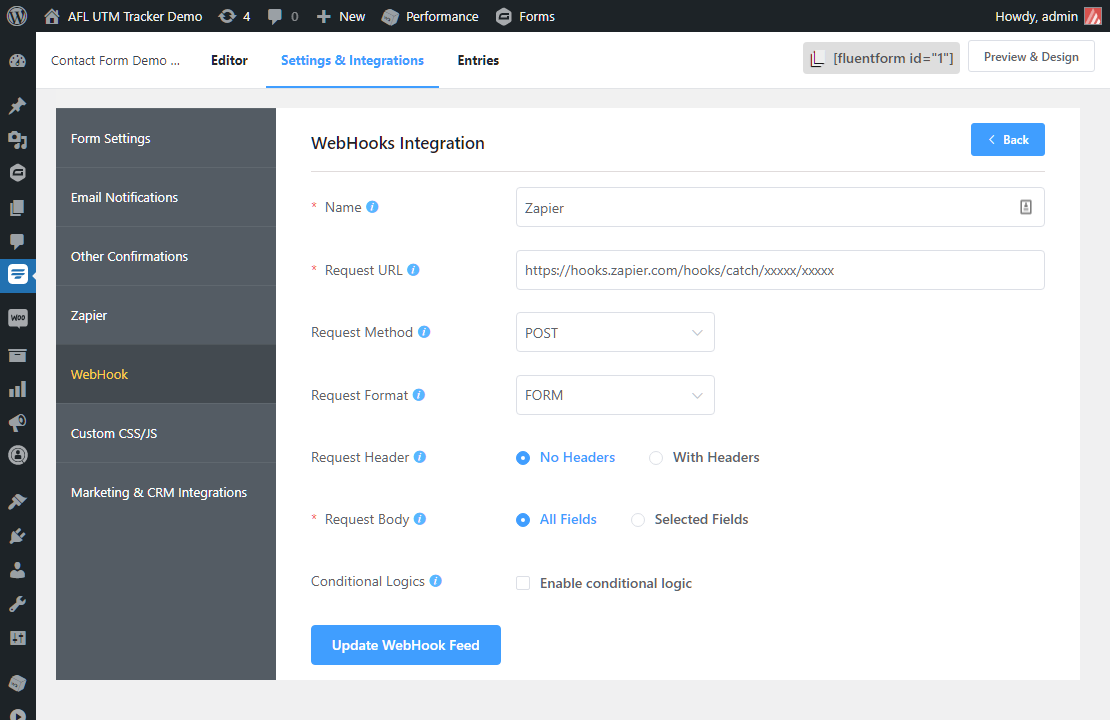 Fluent Forms Webhook Setup Screenshot