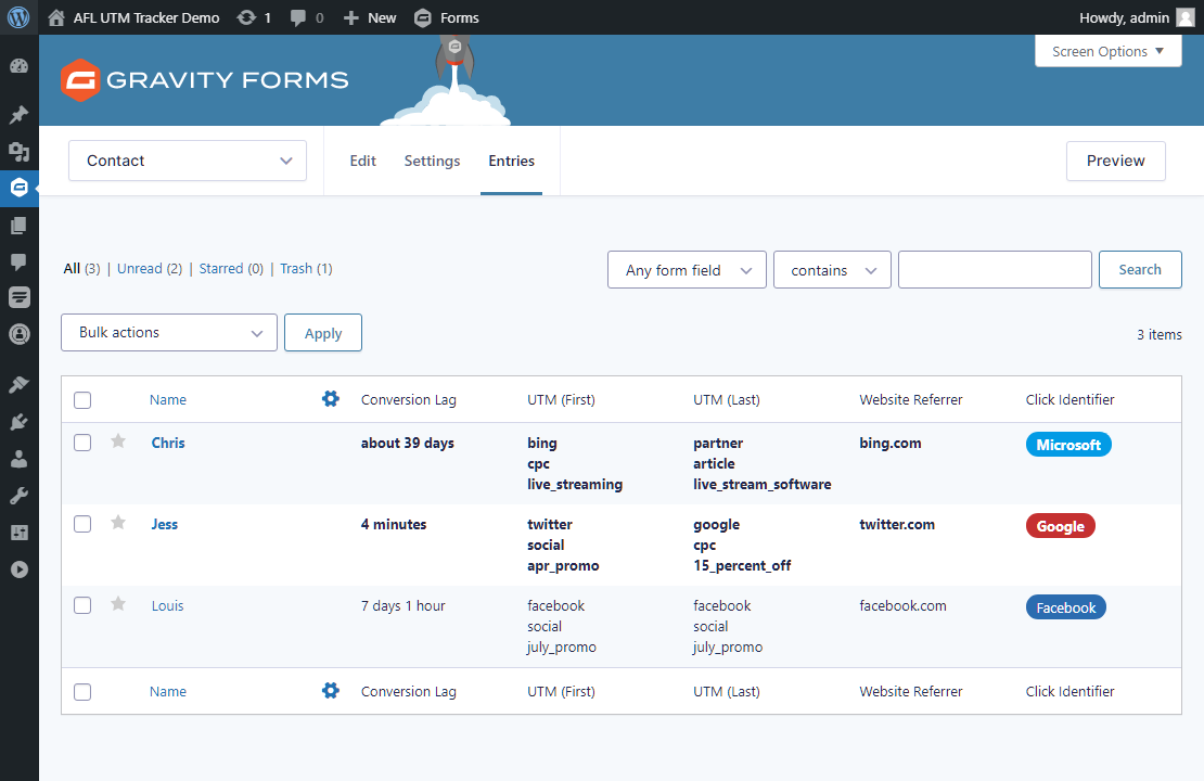 Screenshot of Gravity Forms Entries page