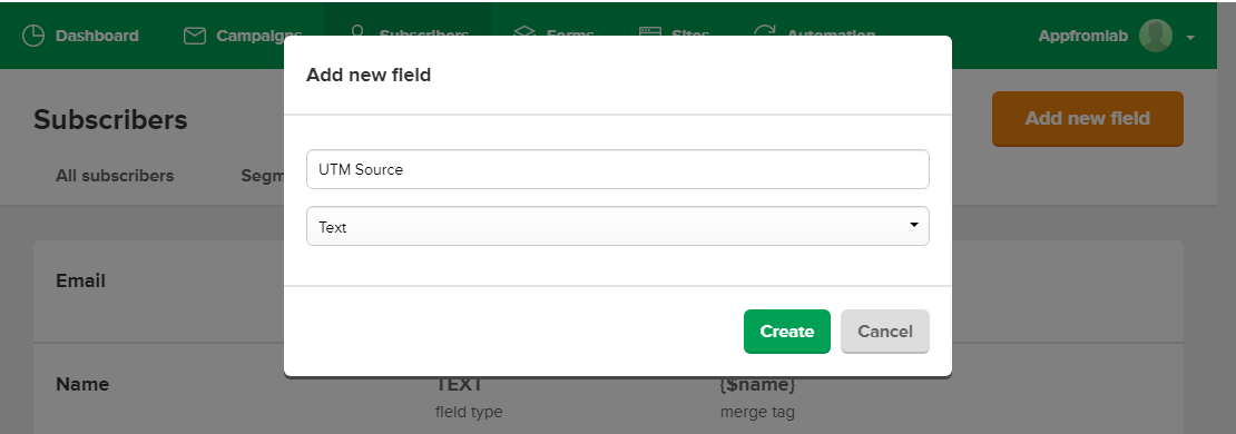 Screenshot of adding new field in Mailerlite