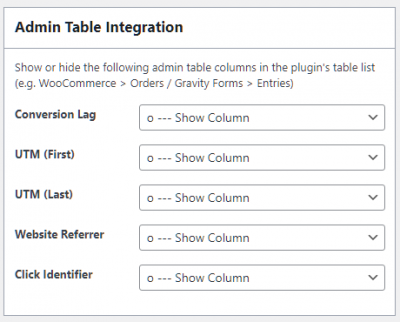 Admin Table Integration Settings - Appfromlab