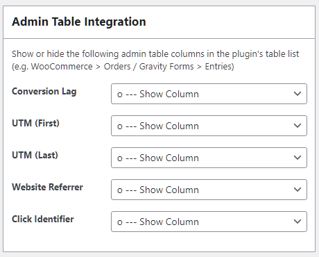 Admin Table Settings Screenshot