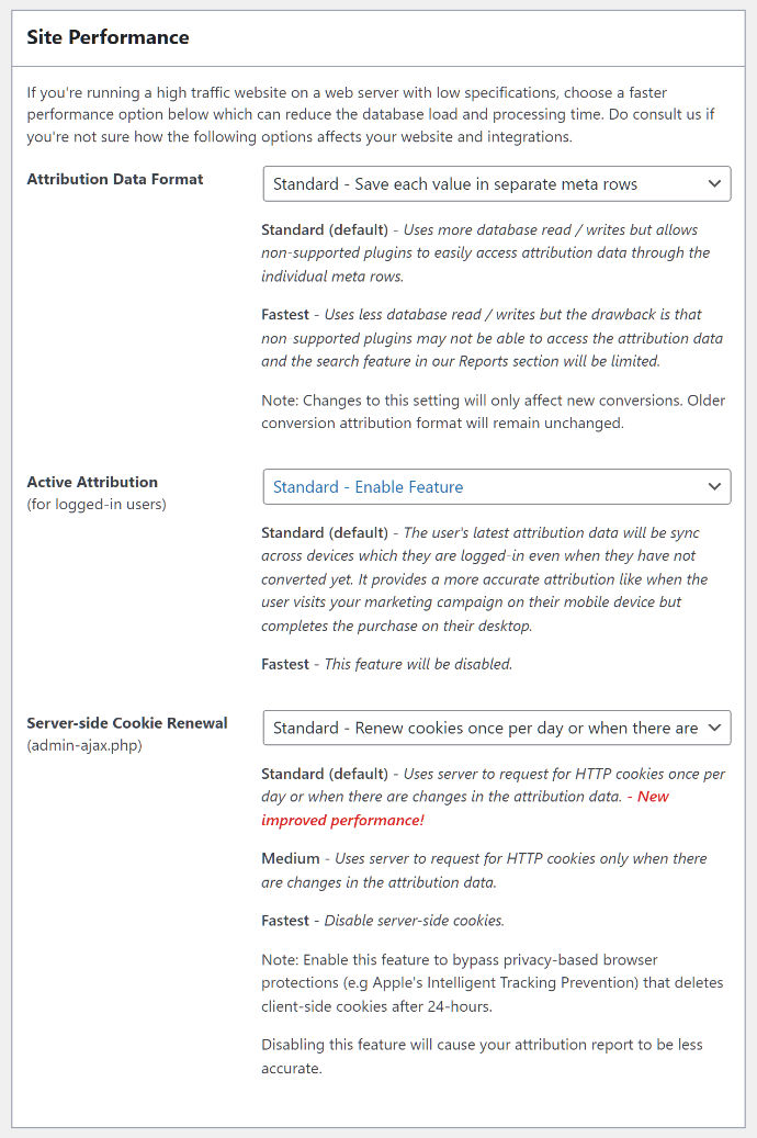 Site Performance Settings