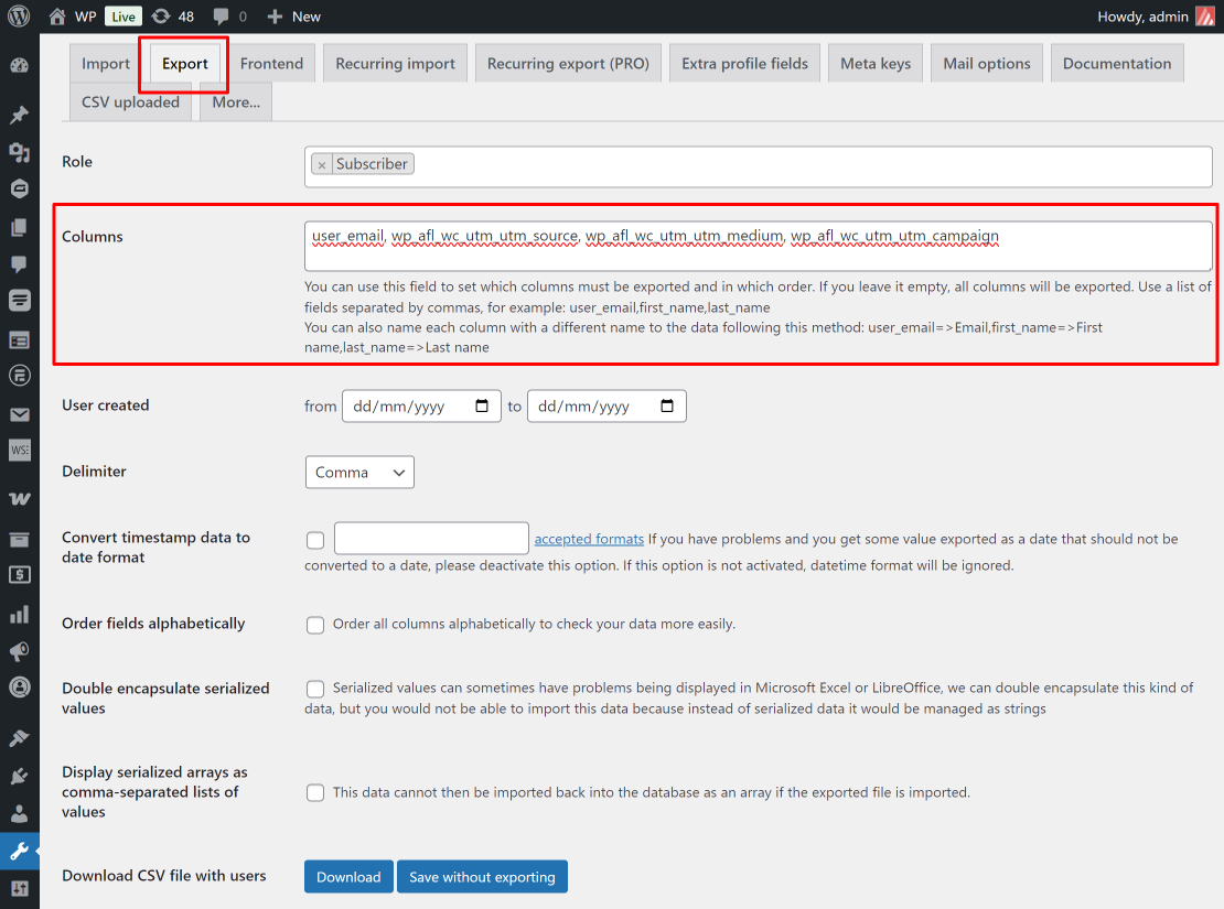 Screenshot of the Export Column setting