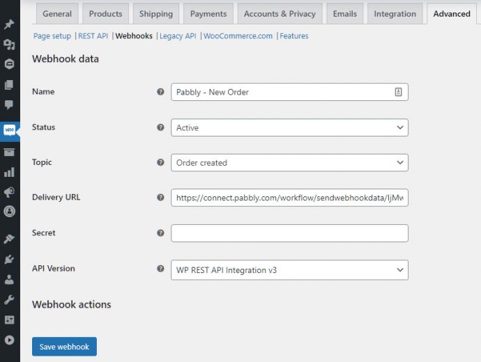 WooCommerce Webhook Setup Screenshot