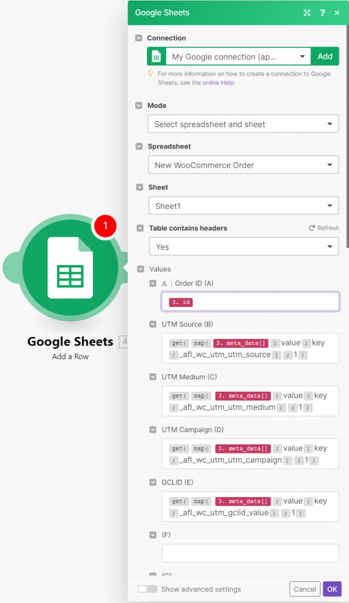 Integromat - Google Sheets