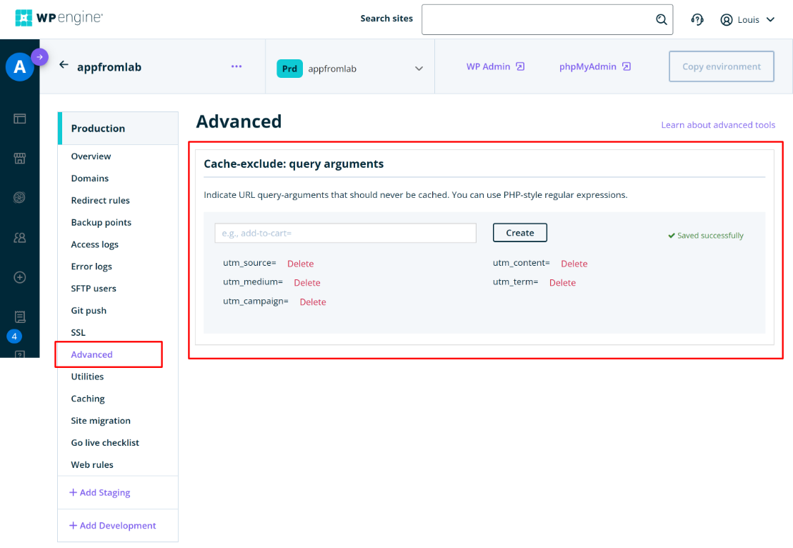 Screenshot of the WP Engine Cache-exclude setting