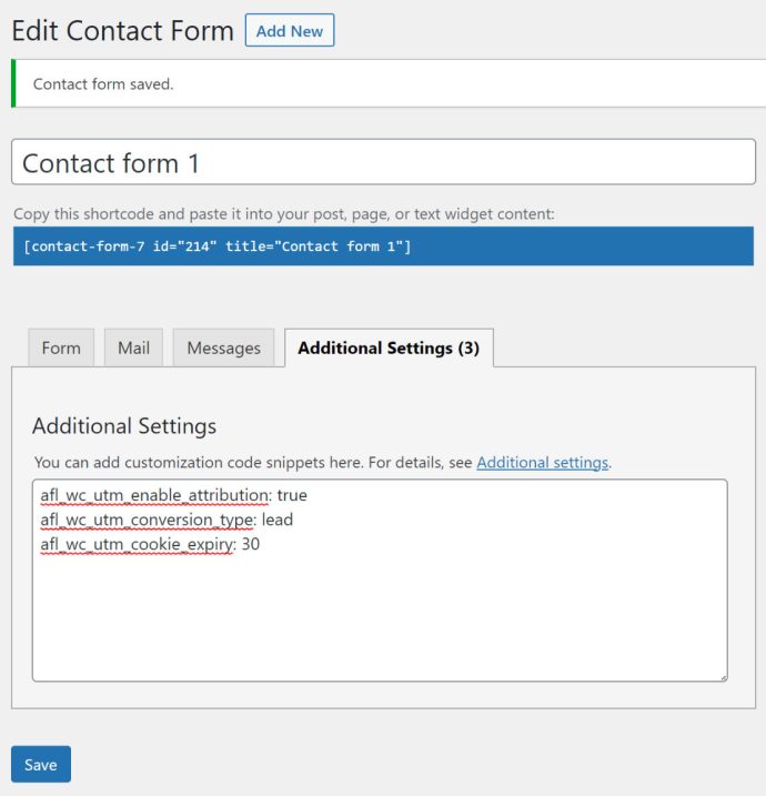 Contact Forms 7 > Form Additional Settings