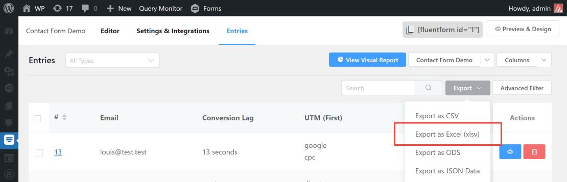 Screenshot of Fluent Forms > Entries > Export