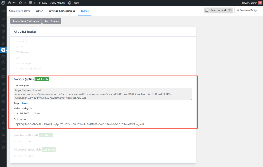 Screenshot of the Fluent Forms > Entry > GCLID Section