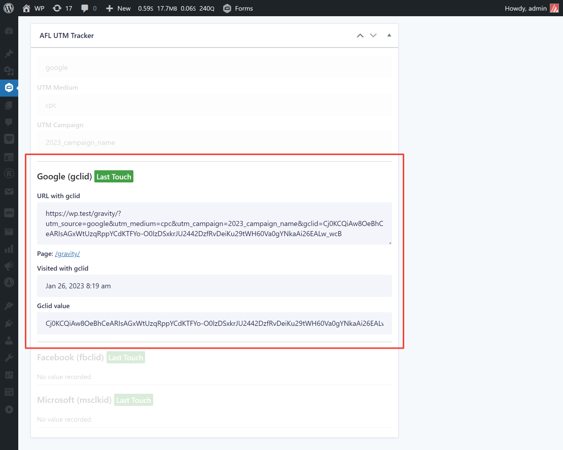 Screenshot of the Gravity Forms > Entry > GCLID Section