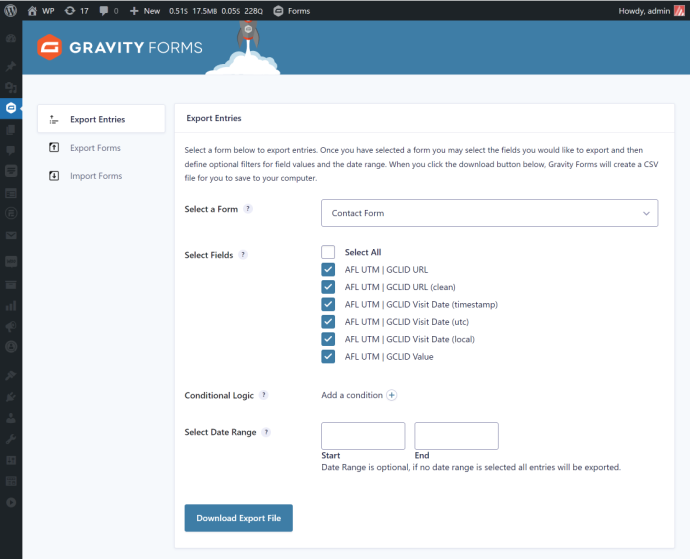 Screenshot of Gravity Forms > Export Entries