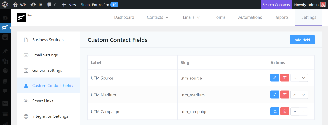 Screenshot of Fluent CRM > Settings > Custom Fields