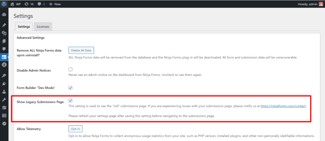 Ninja Forms > Settings > Show Submission Legacy Page