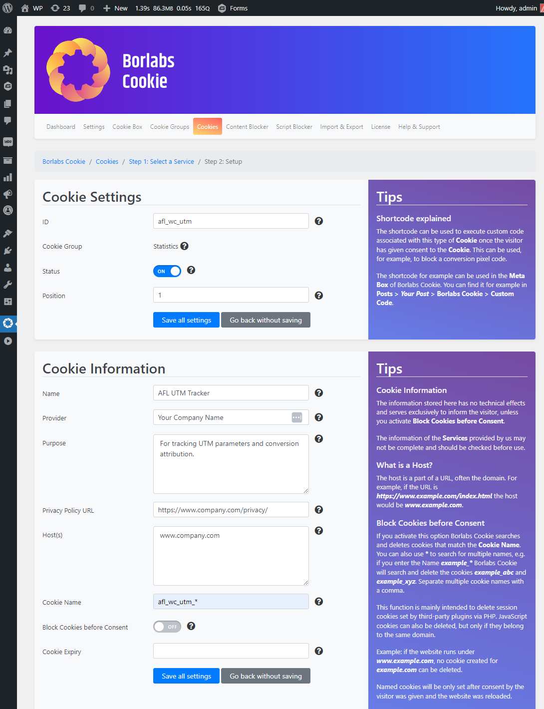 Cookies > Custom Service page