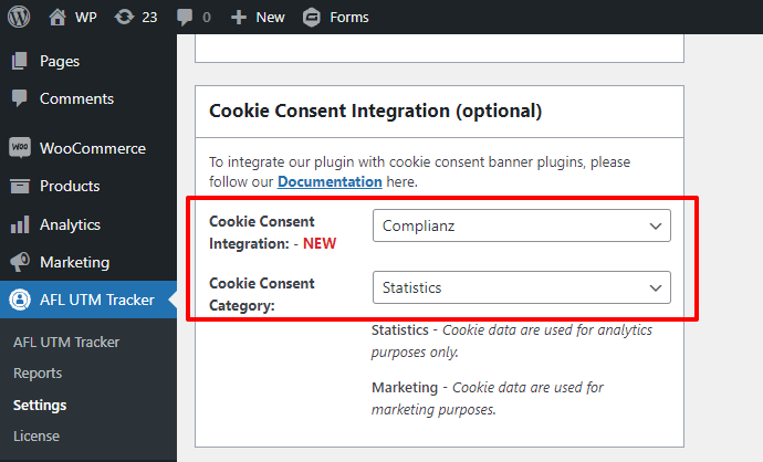 AFL UTM Tracker > Settings > Cookie Consent Integration