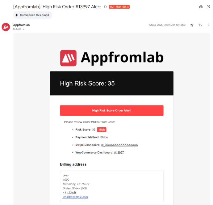 Screenshot of WooCommerce High Risk Order Alert email