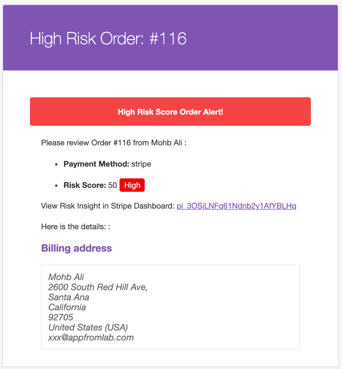 Screenshot of High Risk Score Order Email Alert