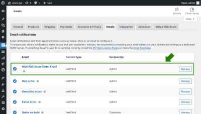 Screenshot of High Risk Score Email Setting in WooCommerce Email
