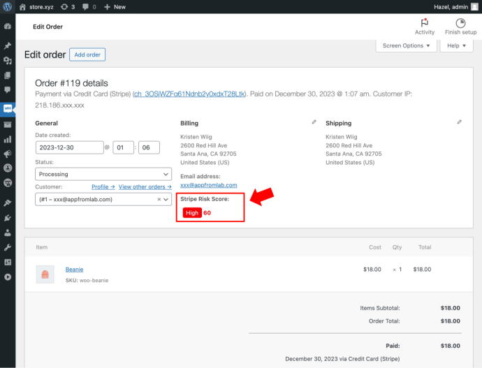 Screenshot of Stripe Risk Score in WooCommerce Order Detail Page - High Risk