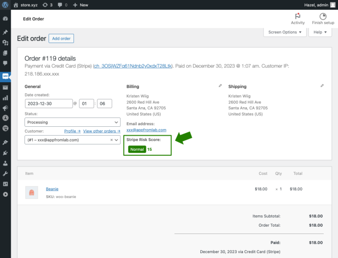 Screenshot of Stripe Risk Score in WooCommerce Order Detail Page - Normal