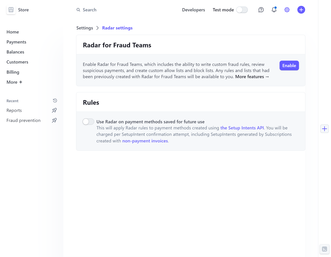 How to enable Radar for Fraud Teams in Stripe Dashboard? STEP 1