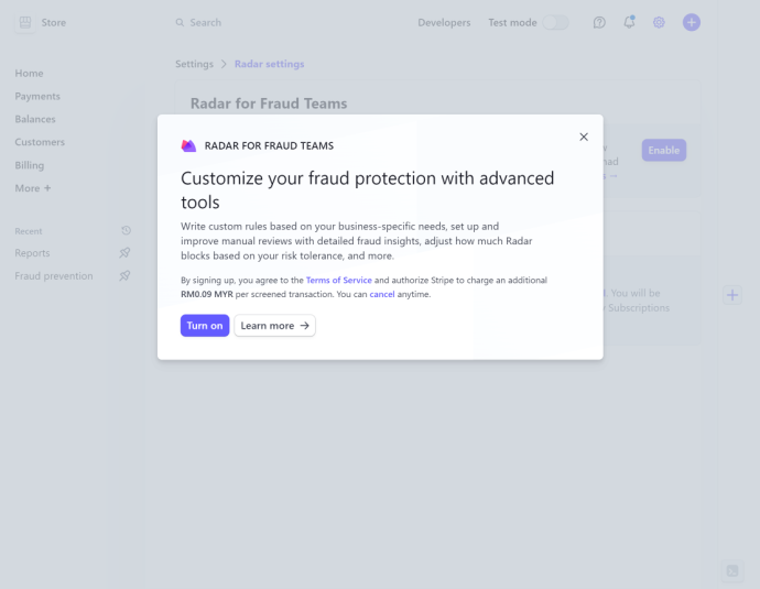 How to enable Radar for Fraud Teams in Stripe Dashboard(popup)
