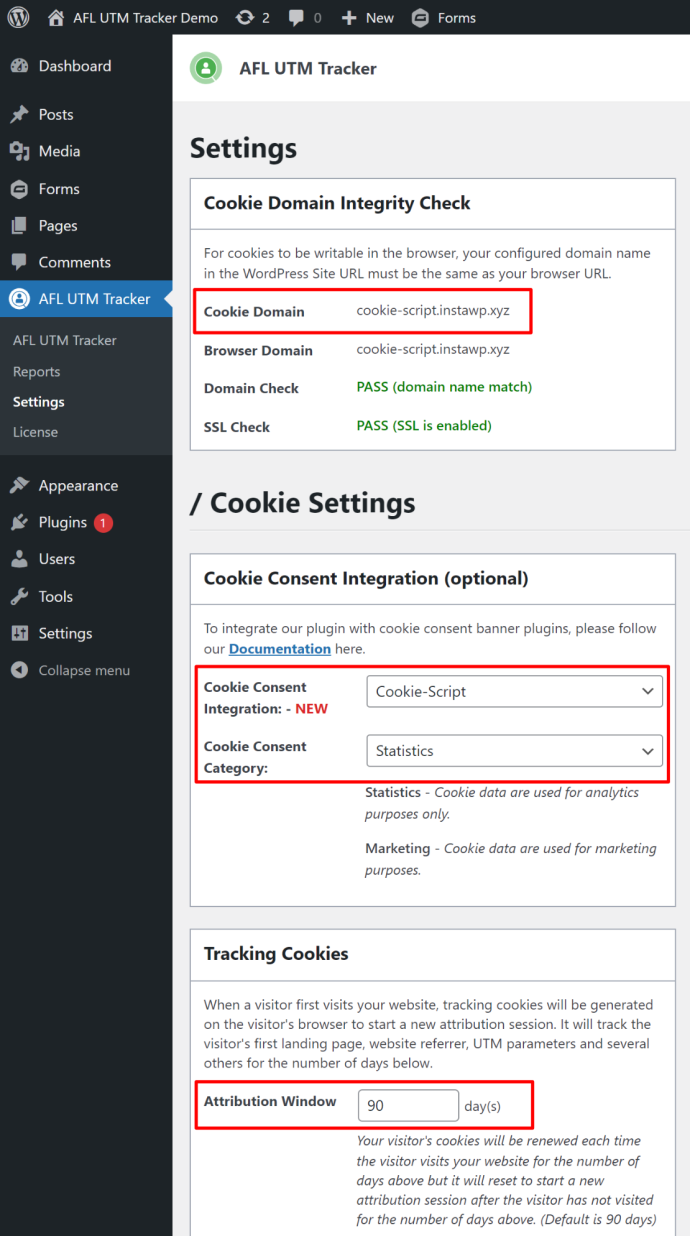 AFL UTM Tracker > Settings > Cookie-Script