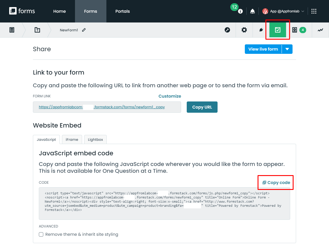 Formstack > Embed Code