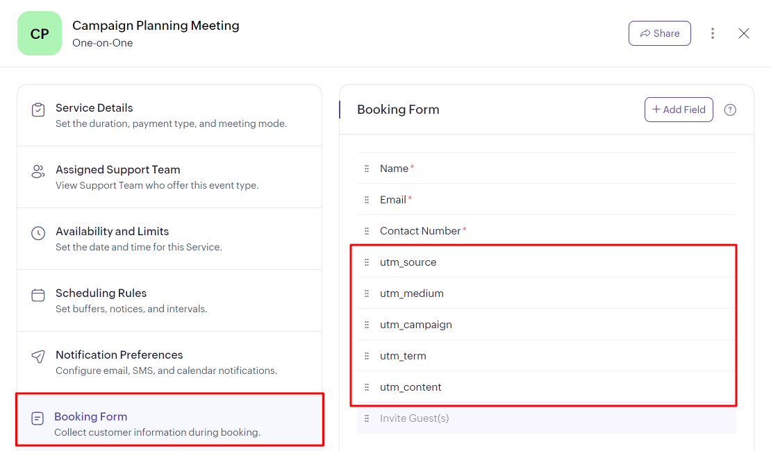 Zoho Bookings Form Fields