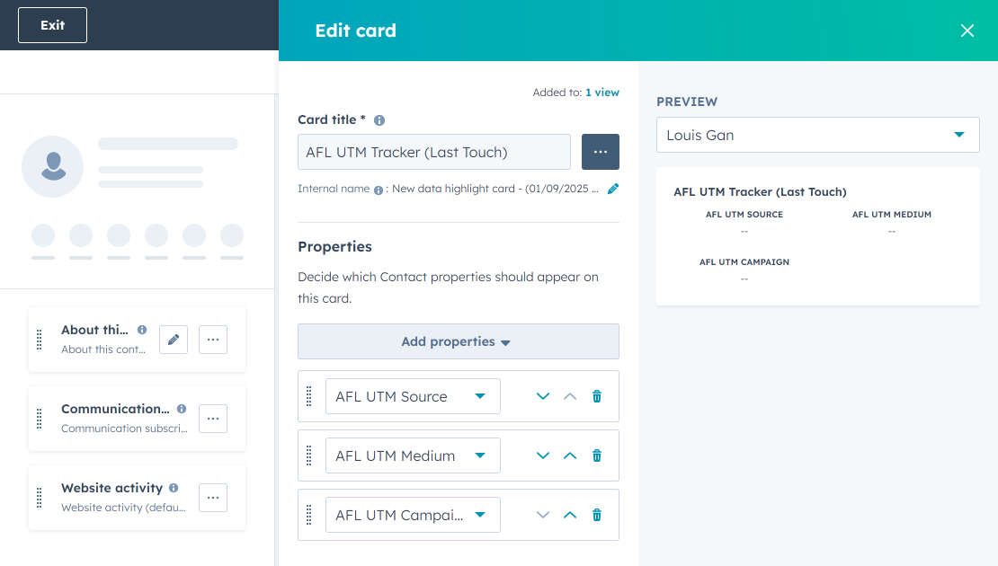 HubSpot Card for Last Touch UTM parameters