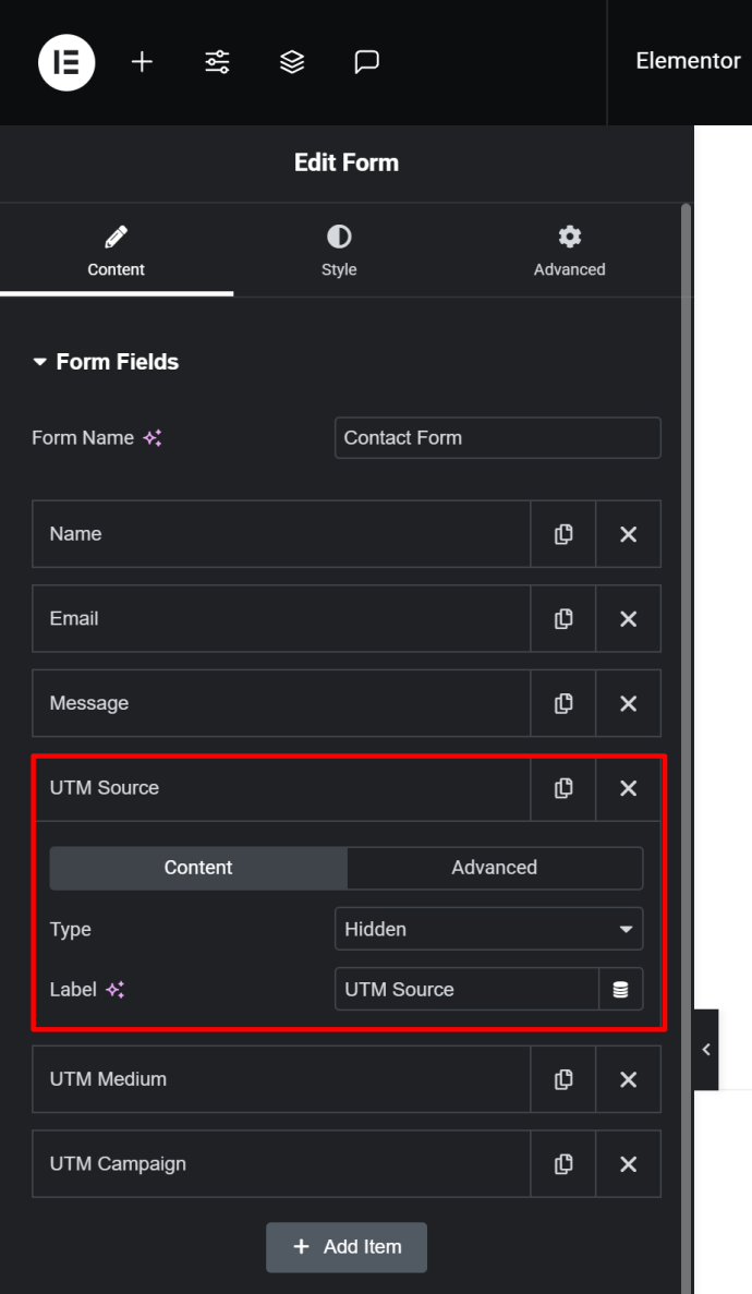 Elementor > Set field type to hidden