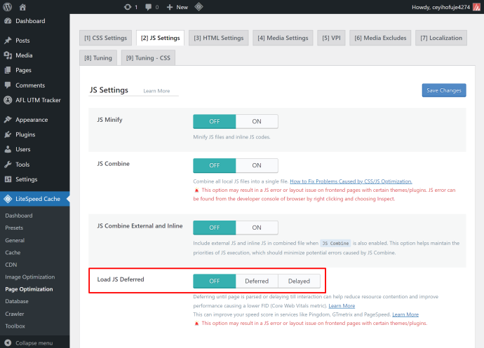 Screenshot of Litespeed Cache Load JS Deferred feature