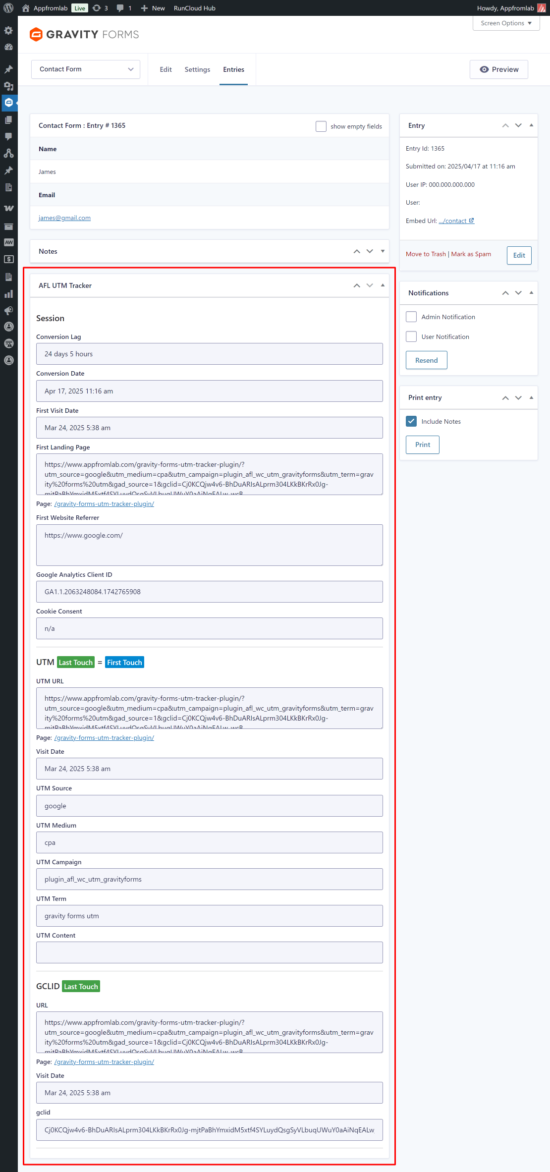 Screenshot of Gravity Forms entry submission page