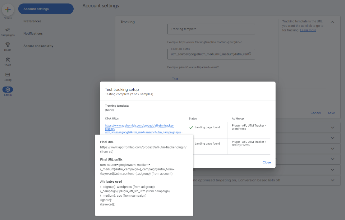 Google Ads > Test Tracking Setup