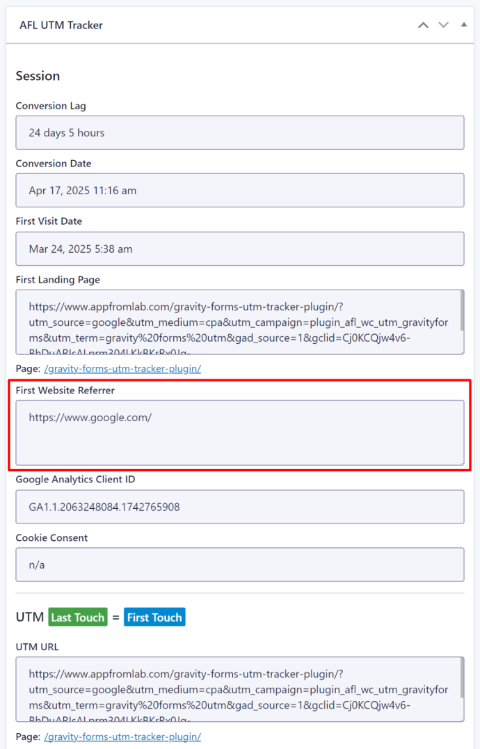 Screenshot of the First Website Referrer field