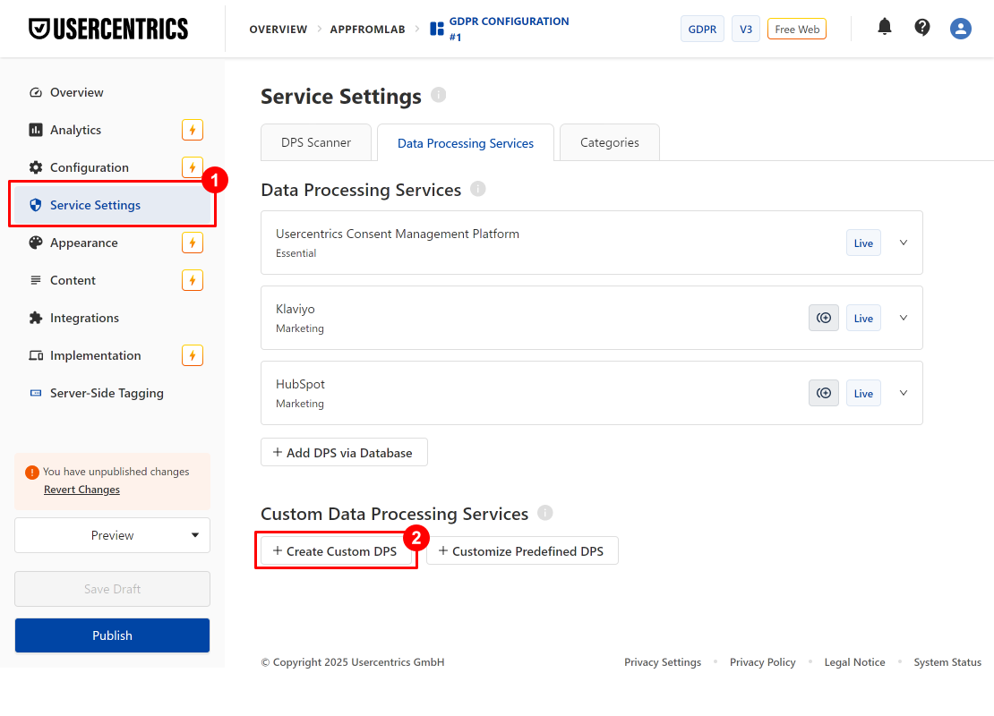 Usercentrics > Service Settings